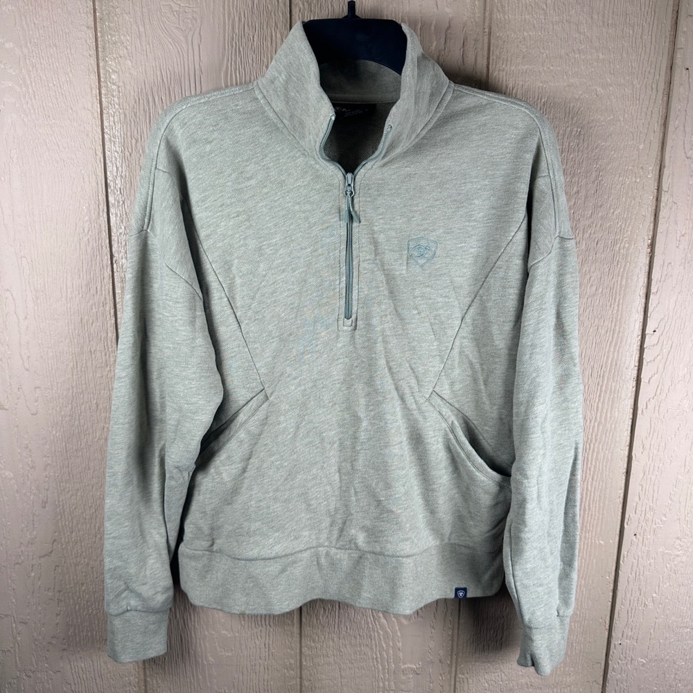 Ariat Quarter 1/4 Zip Sweatshirt Womens Small Green Heather Logo Pullover Pocket